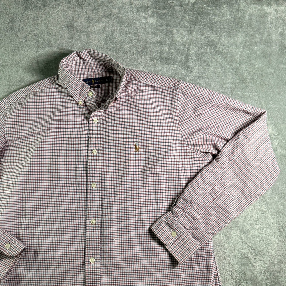 Ralph Lauren Mens L Button Down Shirt Classic Fit Red Navy Tattersall Check